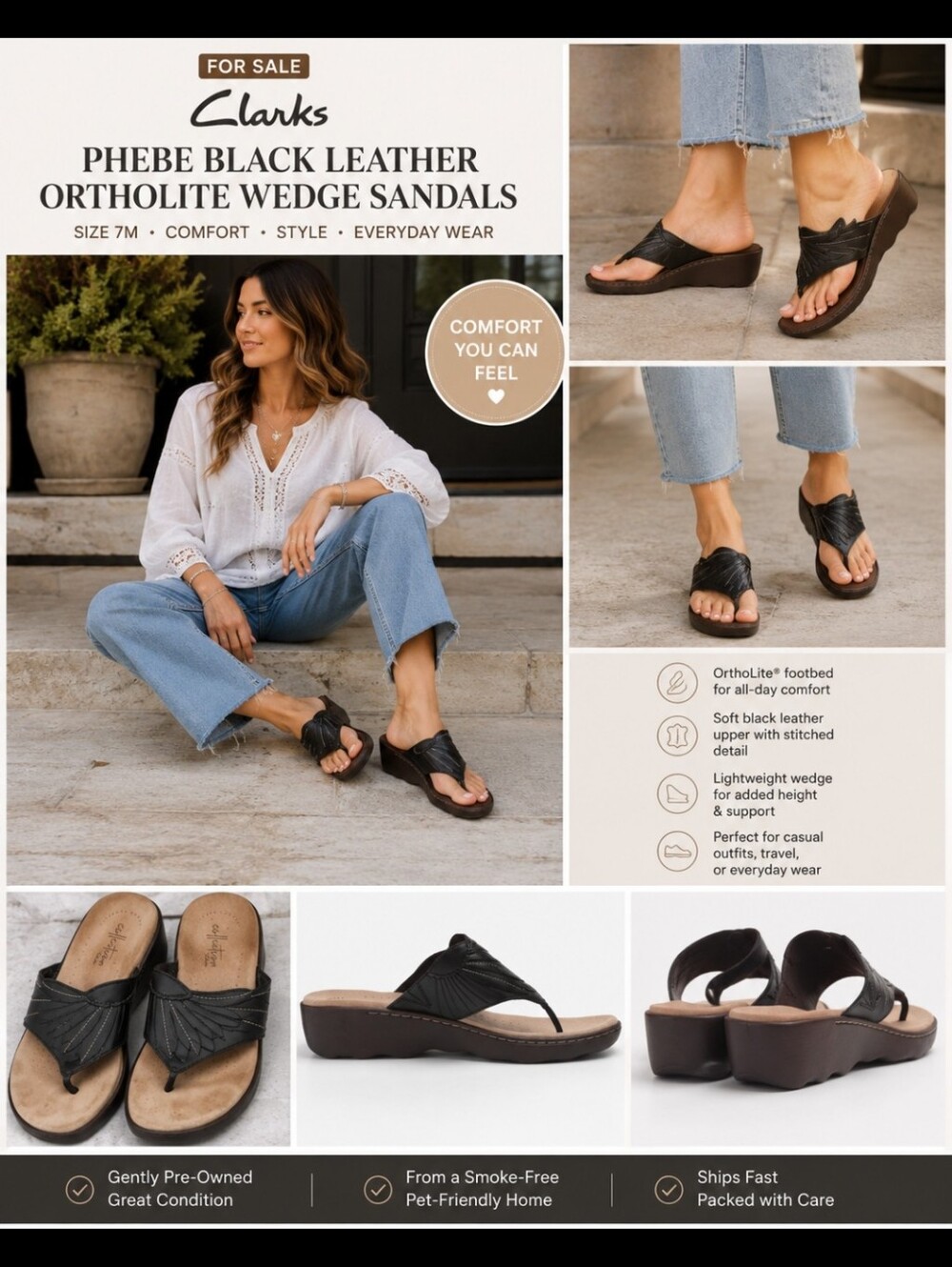 Clarks~ Phebe Black Leather OrthoLite Wedge Sandals – Size 7M